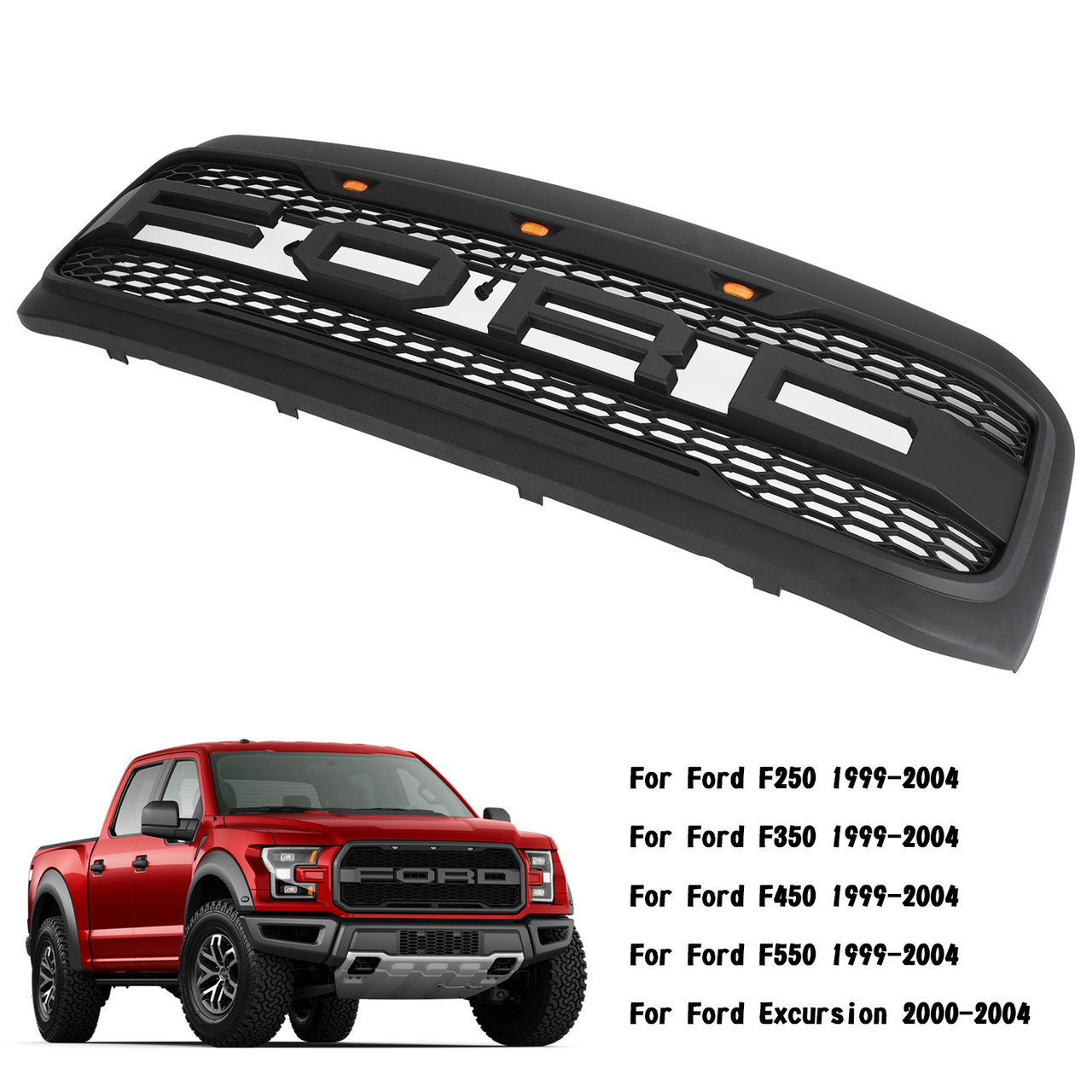 FO1200362 Raptor Style Grille Grill Fit for Ford F250 F350 F450 F550 1999-2004 Excursion 2000-2004 Super Duty