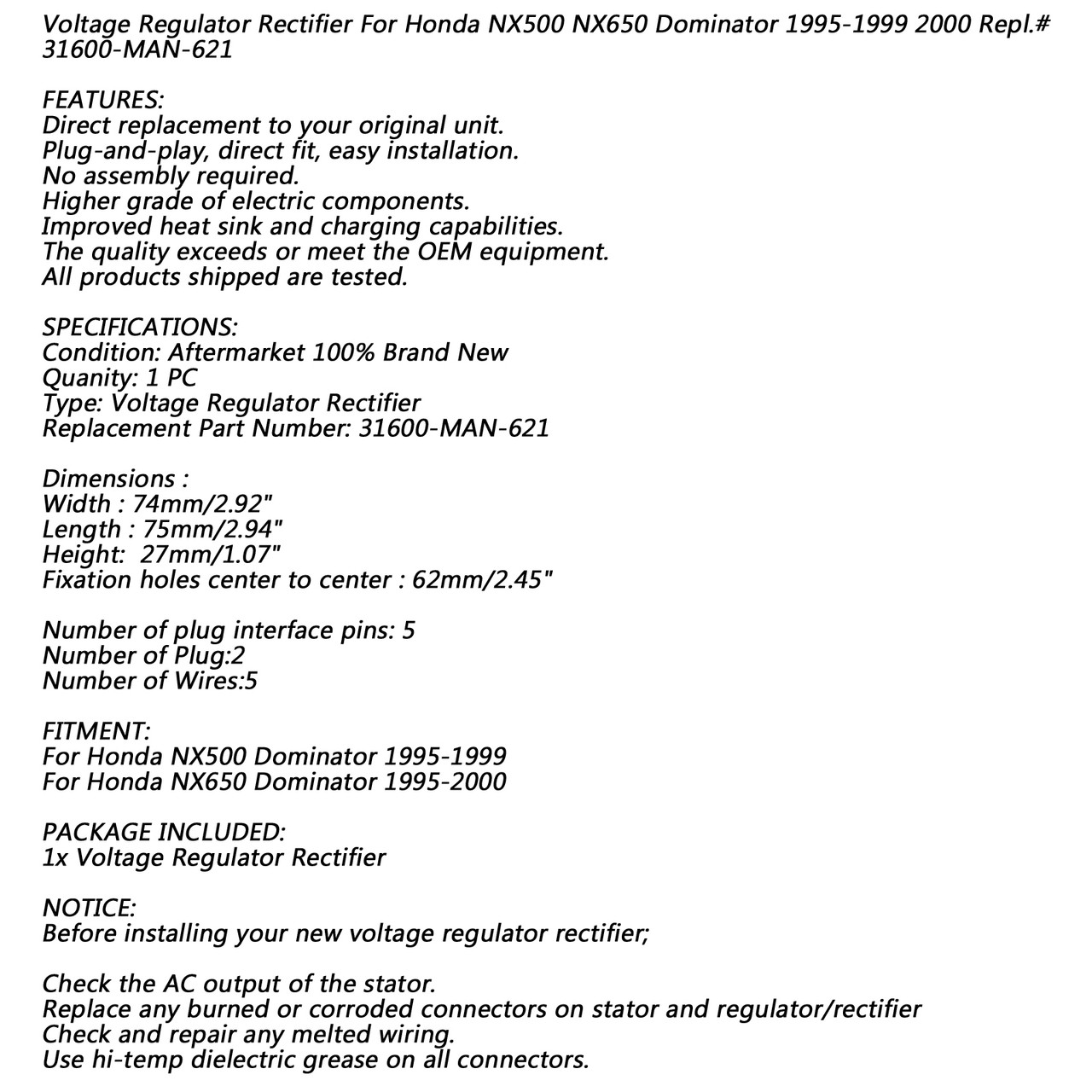 Voltage Regulator For Honda NX500 NX650 1995 1996 97 98 99 2000 31600-MAN-621