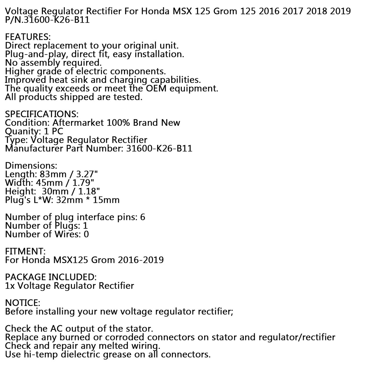 Voltage Rectifier Regulator For Honda MSX125 Grom 125 2016-2019 31600-K26-B11