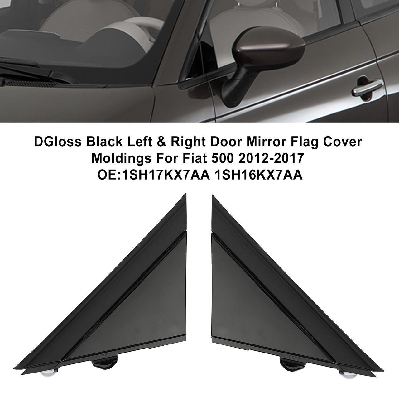 Gloss Black Left & Right Door Mirror Flag Cover Moldings For Fiat 500 2012-2017