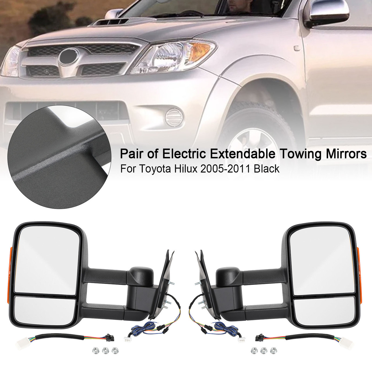 Pair of Electric Extendable Towing Mirrors for Toyota Hilux 2005-2011 Black