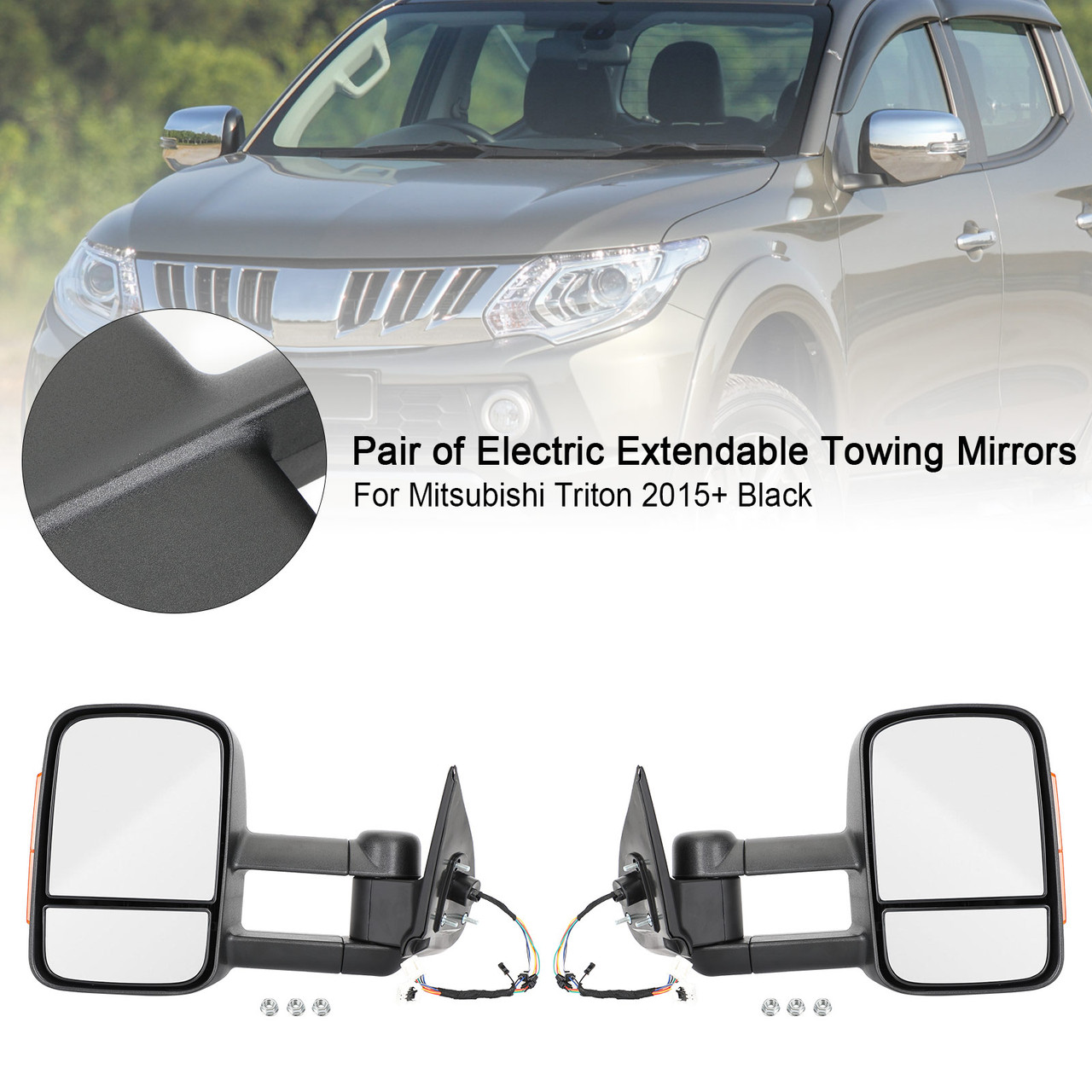 Pair of Electric Extendable Towing Mirrors for Mitsubishi Triton 2015+ Black