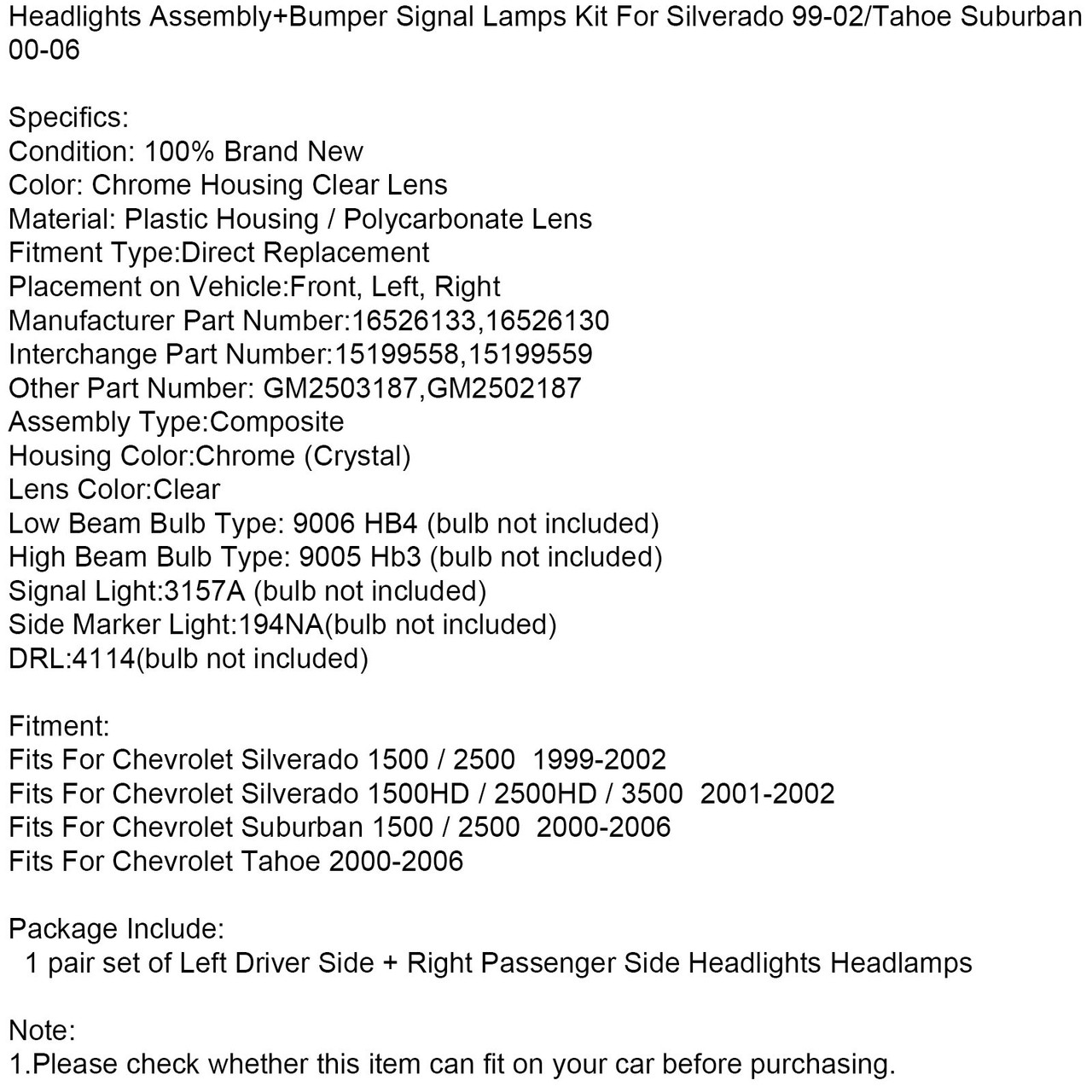 Headlights Assembly+Bumper Signal Lamps For Silverado 99-02/Tahoe Suburban 00-06