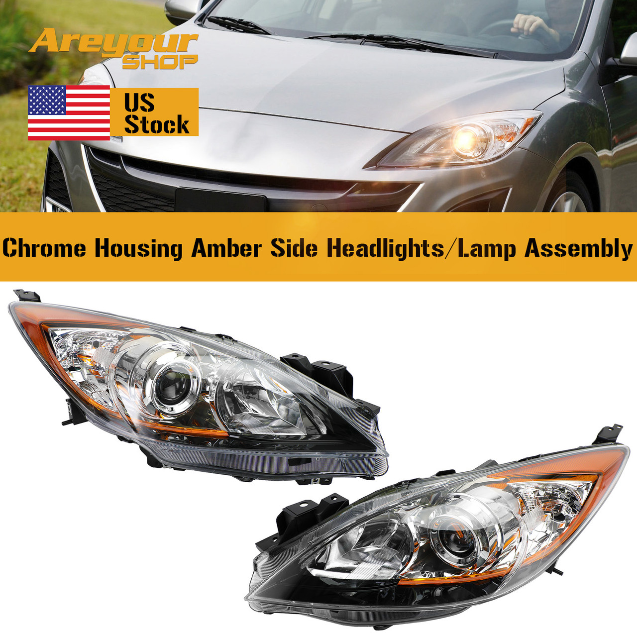 Chrome Housing Amber Side Headlights/Lamp Assembly For Mazda 3 2010-2013