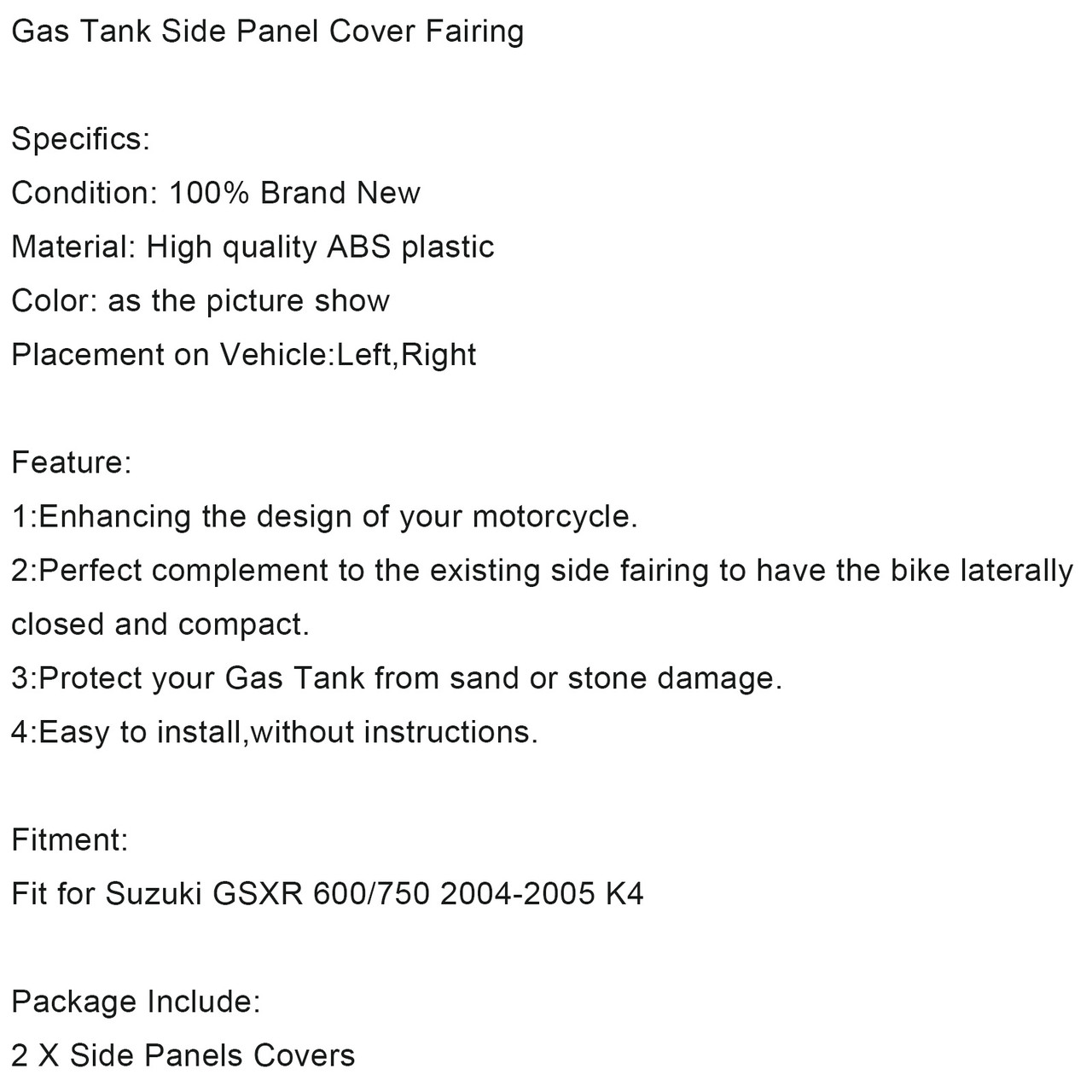 Gas Tank Side Panel Cover Fairing Fit for Suzuki GSXR 600/750 2004-2005 K4 BLK
