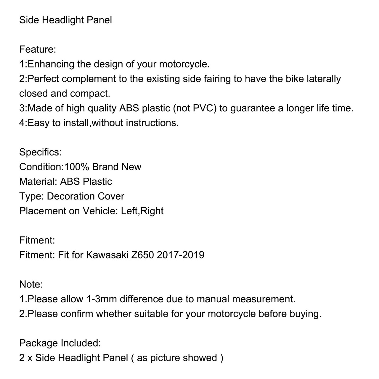 Side Headlight Panel Fit for Kawasaki Z650 2017-2019 CBN