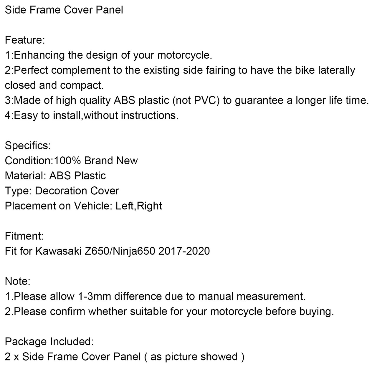 Side Frame Cover Panel Fit for Kawasaki Z650/Ninja650 2017-2020 CBN