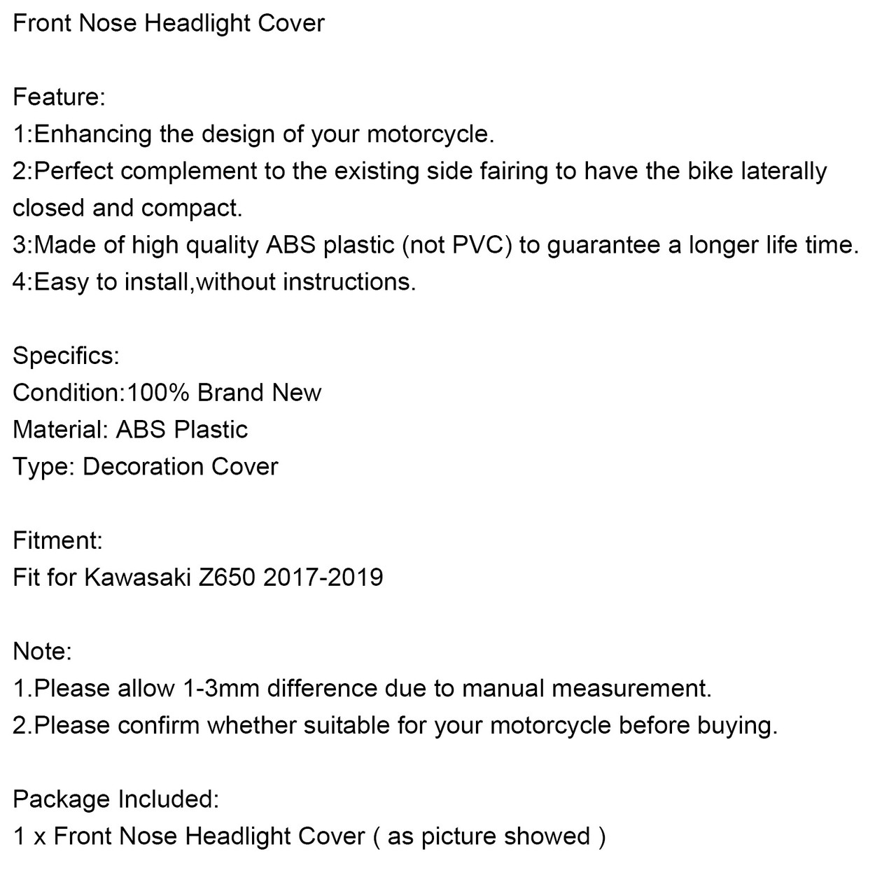 Front Nose Headlight Cover Fit for Kawasaki Z650 2017-2019 CBN