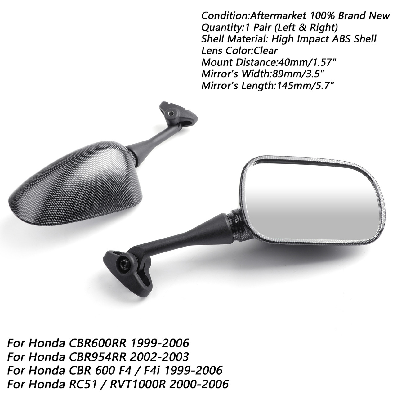 Pair Rear View Side Mirrors Left & Right For Honda CBR600RR 1999-2006 RC51 / RVT1000R 2000-2006 Carbon