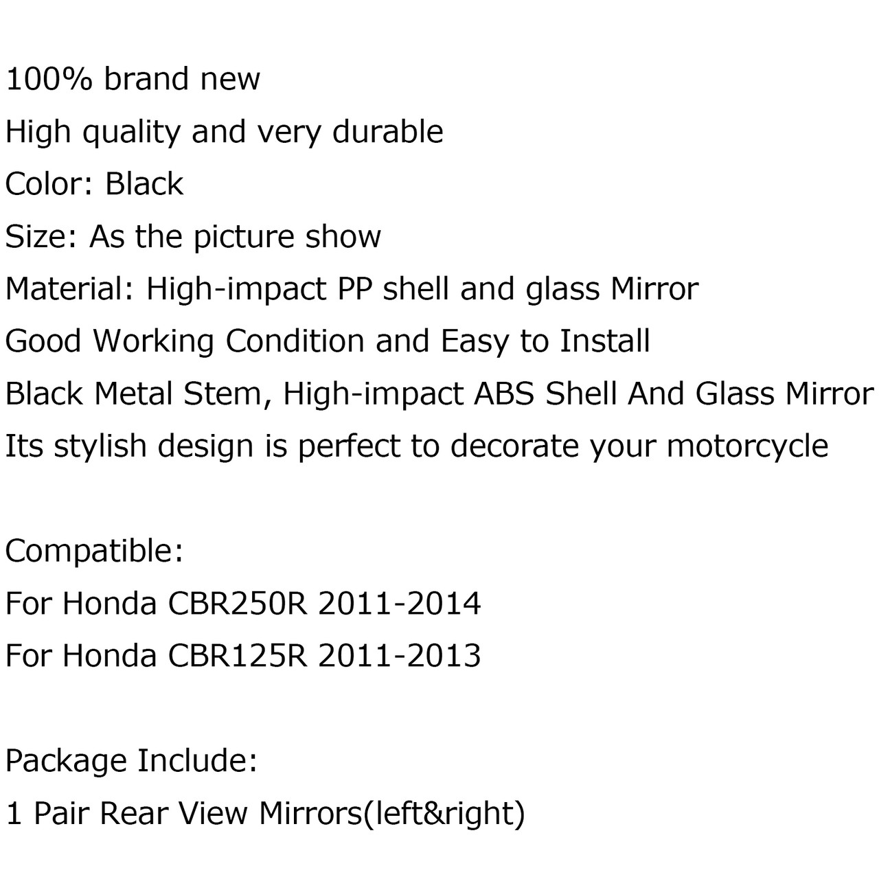 1 Pair Rear View Mirrors(left&right) For Honda CBR250R 2011-2012 CB1300S 2003-2012 Black