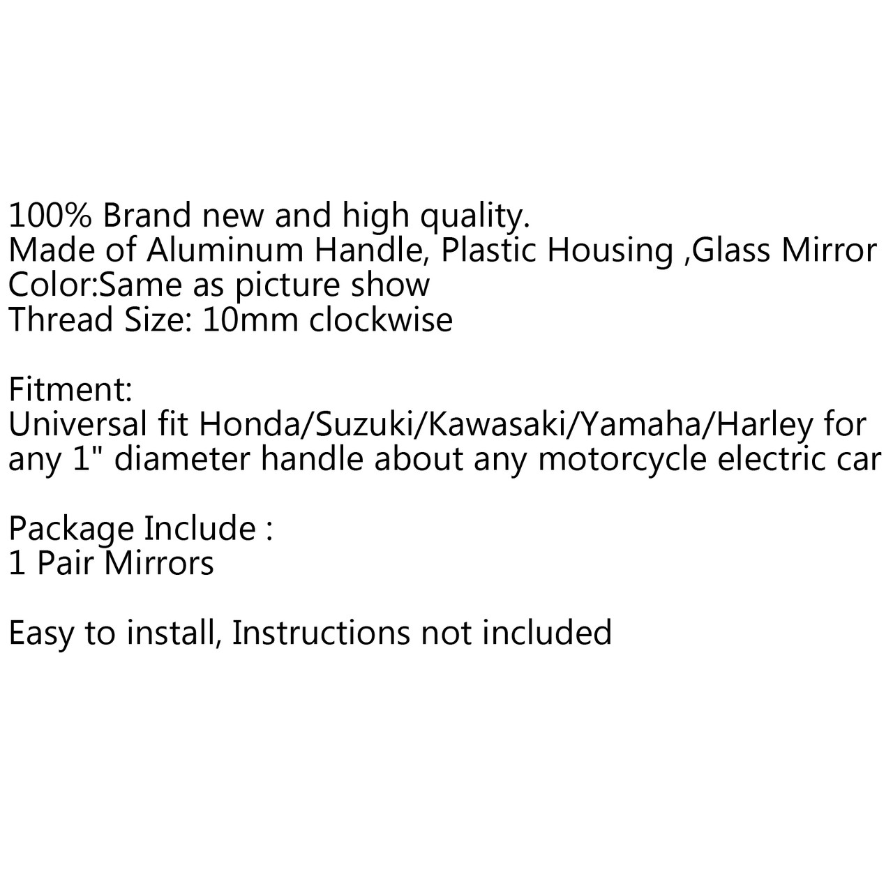 1 pair 10mm clockwise mirrors(left&right) fits for Suzuki any 1" diameter handle about any motorcycle electric car Black~BC1