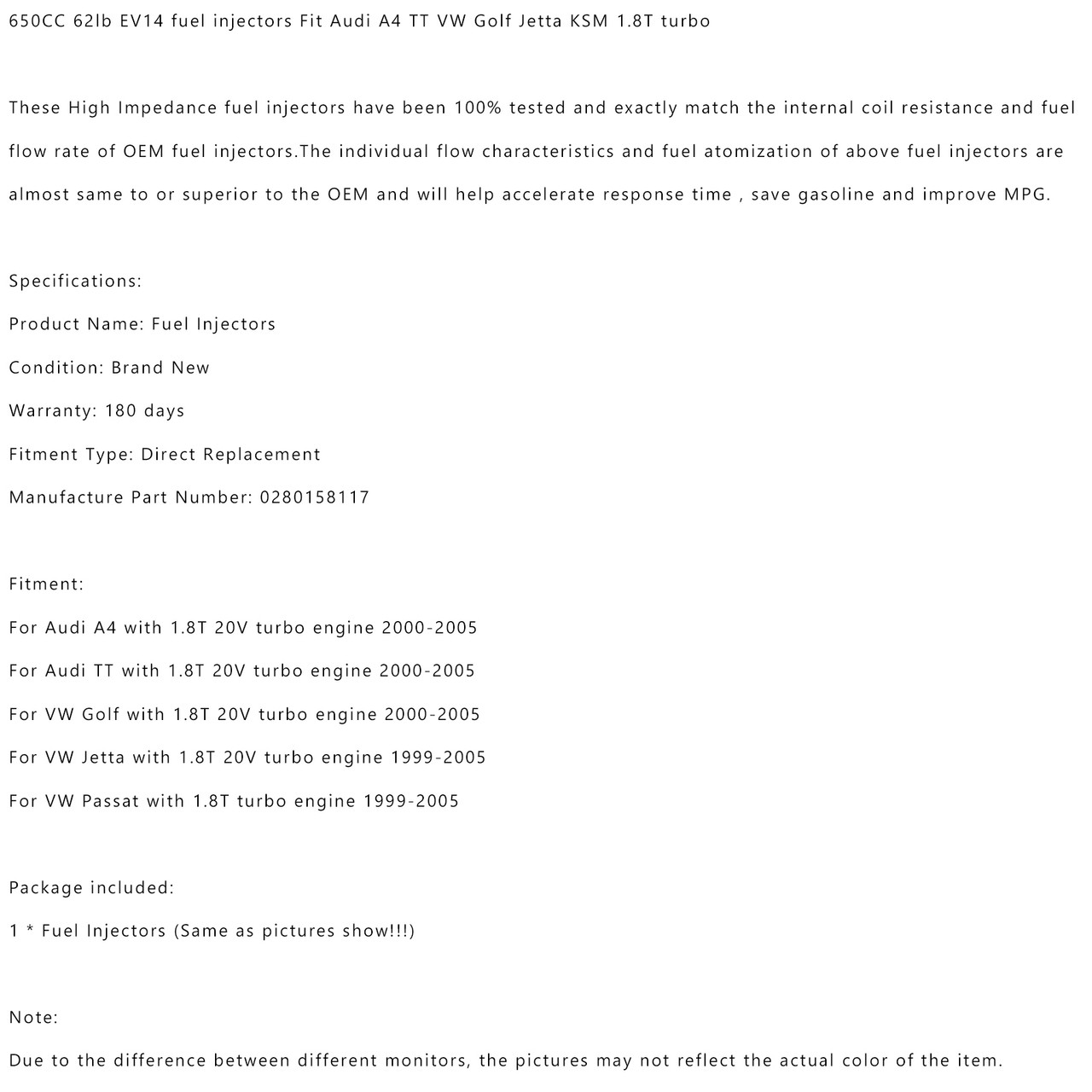 650CC 62lb EV14 fuel injectors Fit For Audi A4 with 1.8T 20V turbo engine 2000-2005 BLK