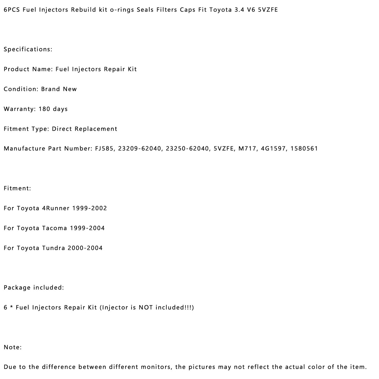 6PCS Fuel Injectors Rebuild kit o-rings Seals Filters Caps Fit For Toyota 4Runner 1999-2002 Tacoma 1999-2004 Tundra 2000-2004