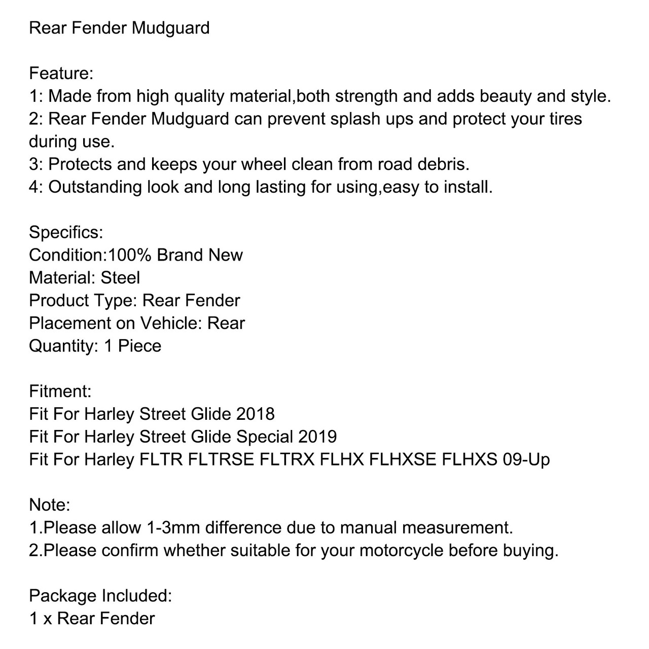 Rear Fender Mudguard Fit For Harley Street Glide 2018 Special 2019 FLTR FLTRSE FLTRX FLHX FLHXSE FLHXS 09-Up BLK