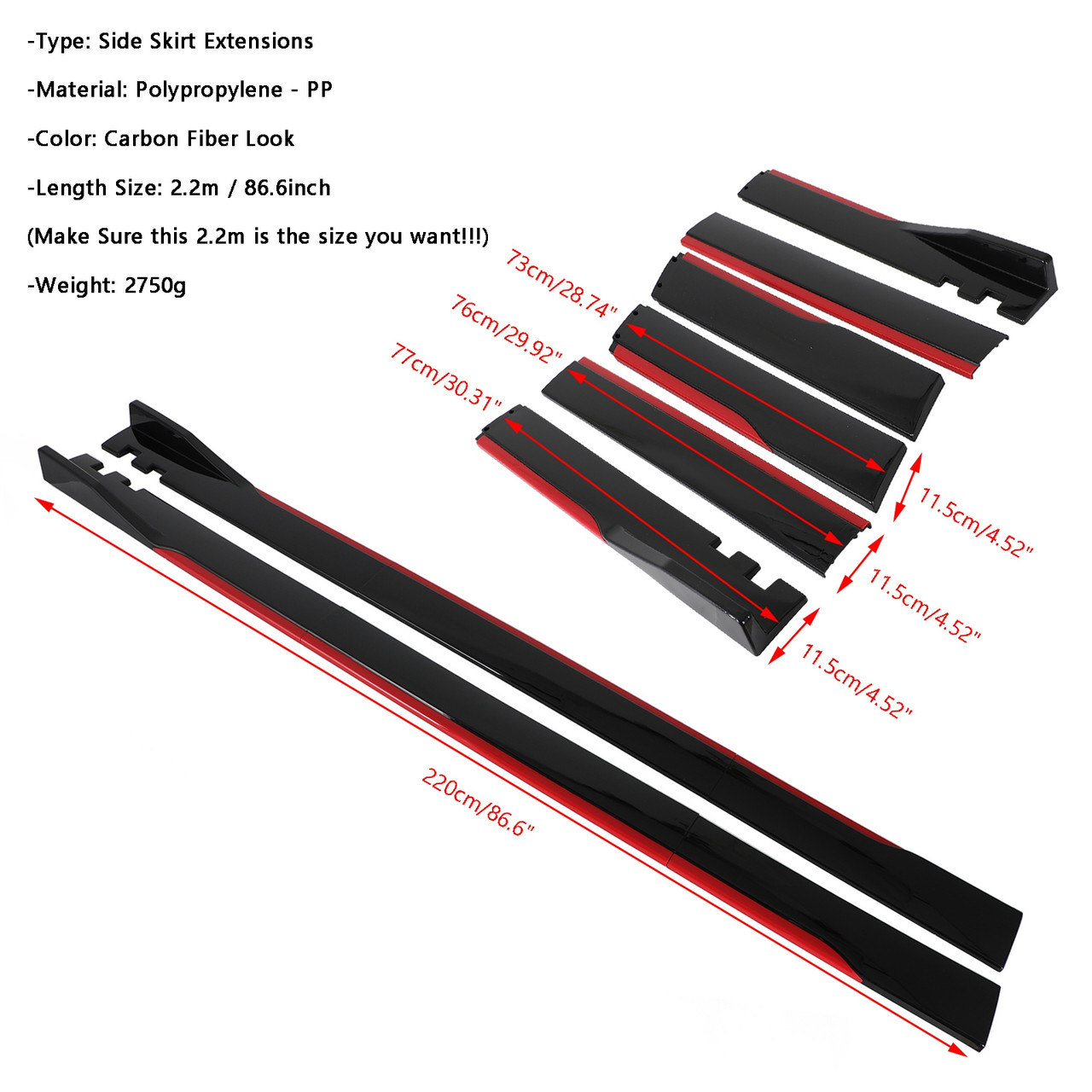 86.6" Universal Side Skirt Extensions Rocker Panel Splitters Lip Polypropylene