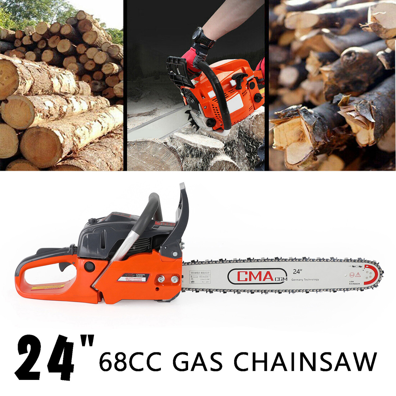 24" 68CC Gasoline Chainsaw Cutting Wood Gas Sawing Aluminum Crankcase Chain Saw