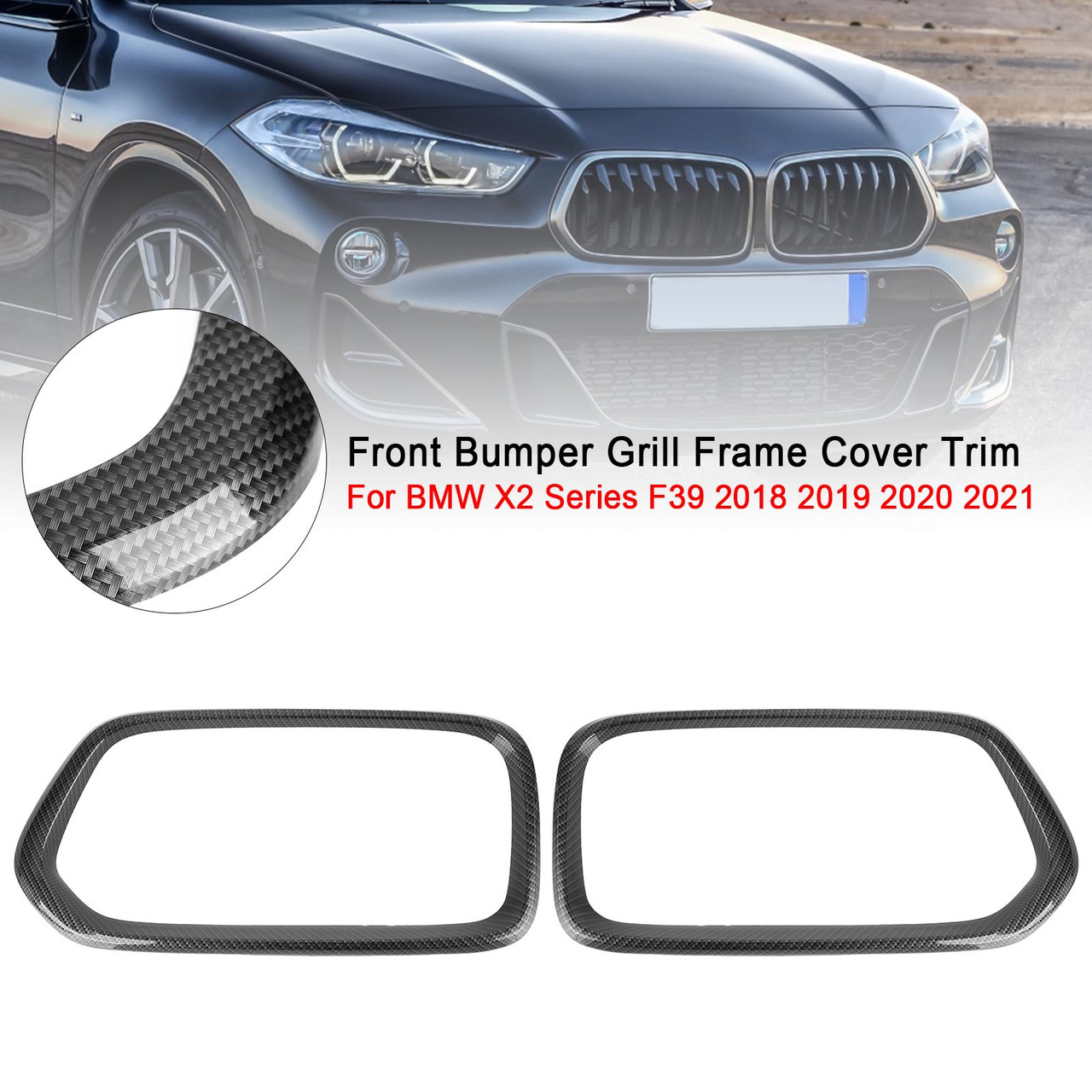 Front Bumper Grill Frame Cover Trim Fit BMW X2 Series F39 2018-2021 Carbon Fiber