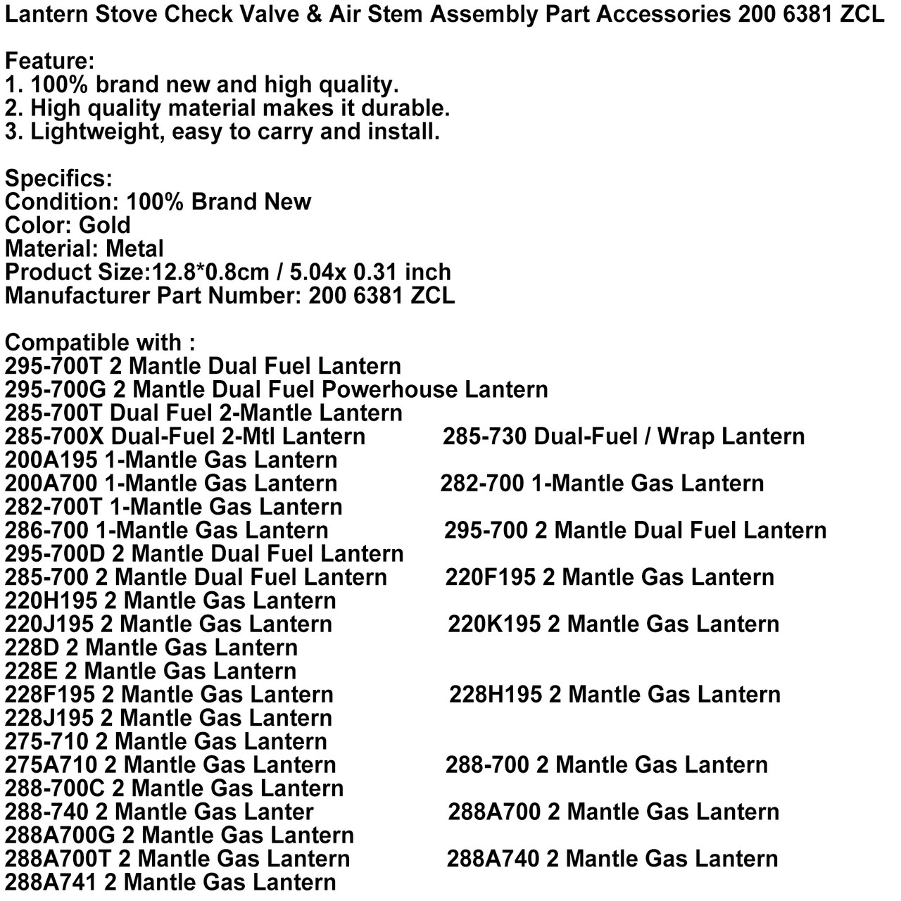 Lantern Stove Check Valve & Air Stem Assembly Part Accessories 200 6381 ZCL