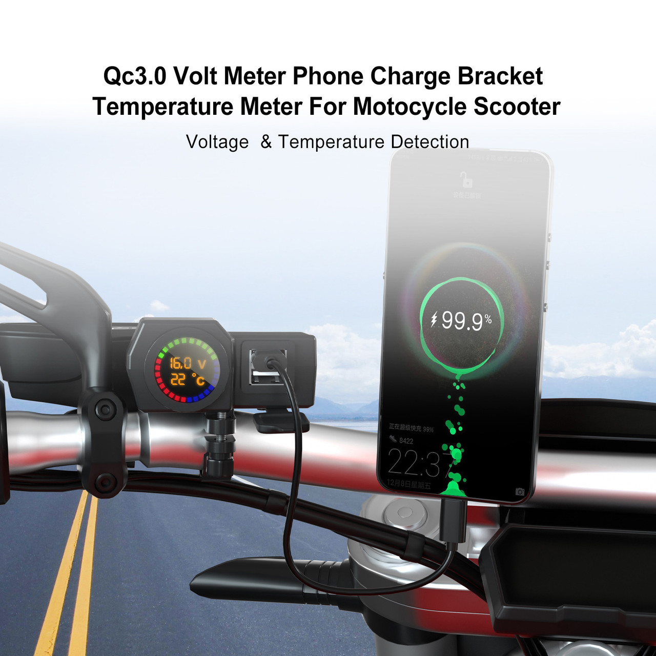 Qc3.0 Volt Meter Phone Charge Bracket Temperature Meter Black B For Moto Scooter