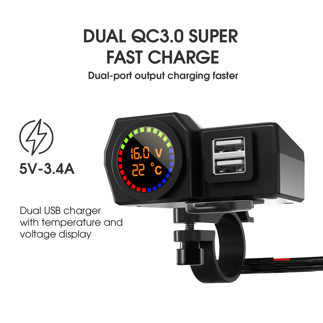 Qc3.0 Volt Meter Phone Charge Bracket Temperature Meter Black B For Moto Scooter