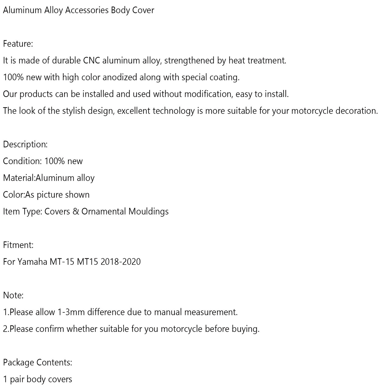 Aluminum Alloy Accessories Body Cover For Yamaha MT 15 MT-15 MT15 2018-2020 Red