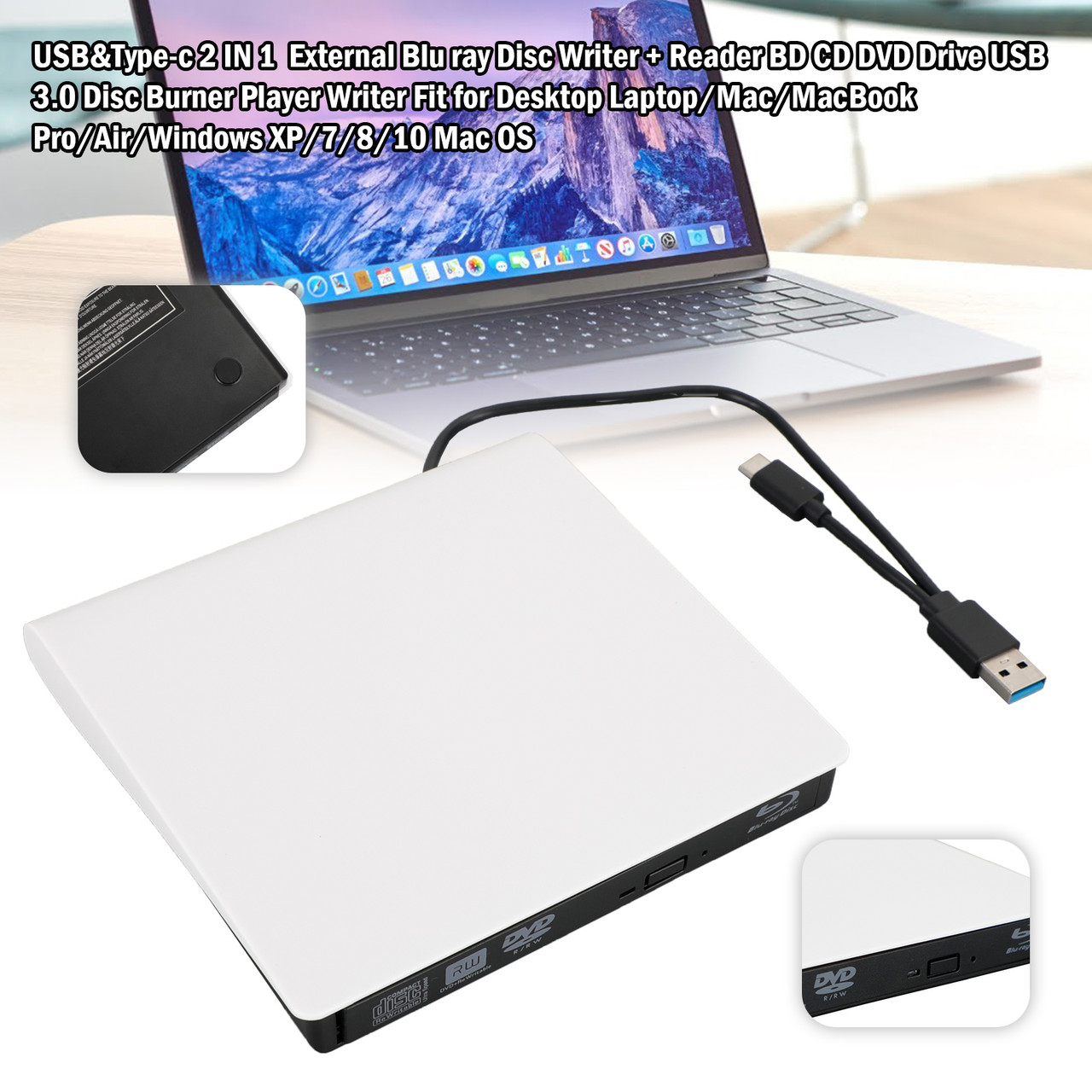 USB&Type-c 2 IN 1 External Blu ray Disc Writer + Reader BD CD DVD Drive USB 3.0