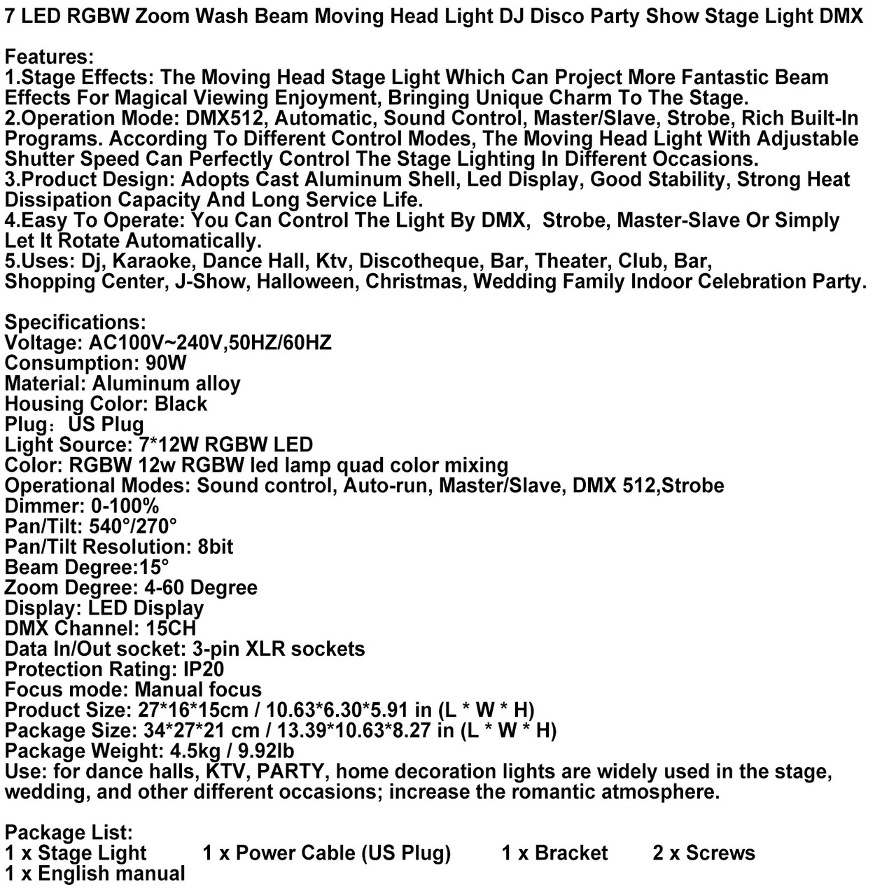 7 LED RGBW Zoom Wash Beam Moving Head Light DJ Disco Party Show Stage Light DMX