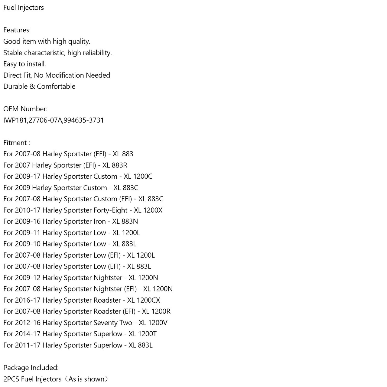 2PCS Fuel Injectors For Sportster Custom XL IWP181 27706-07A 994635-3731