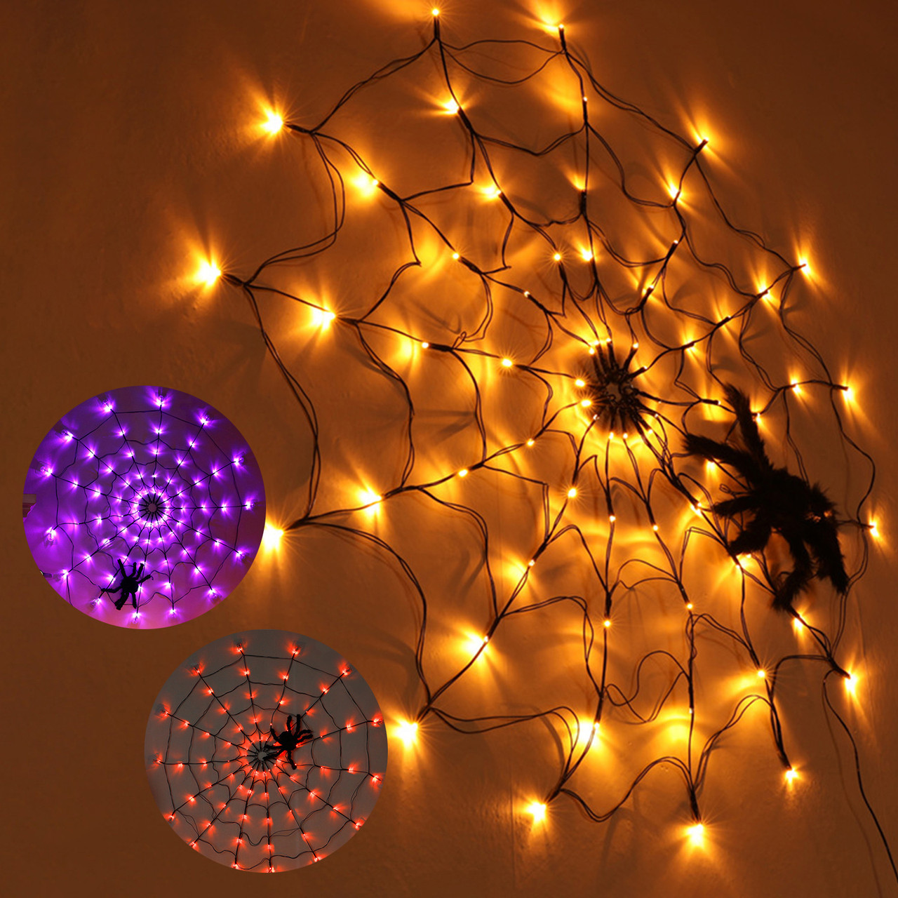 Halloween Decorations Web Lights Indoor Outdoor Party Garden Decoration+Spider Warm White Light + Spider USB