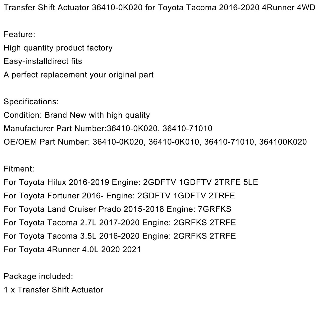 2020-2021 Toyota 4Runner 4.0L 36410-0K020 Transfer Shift Actuator 36410-71010