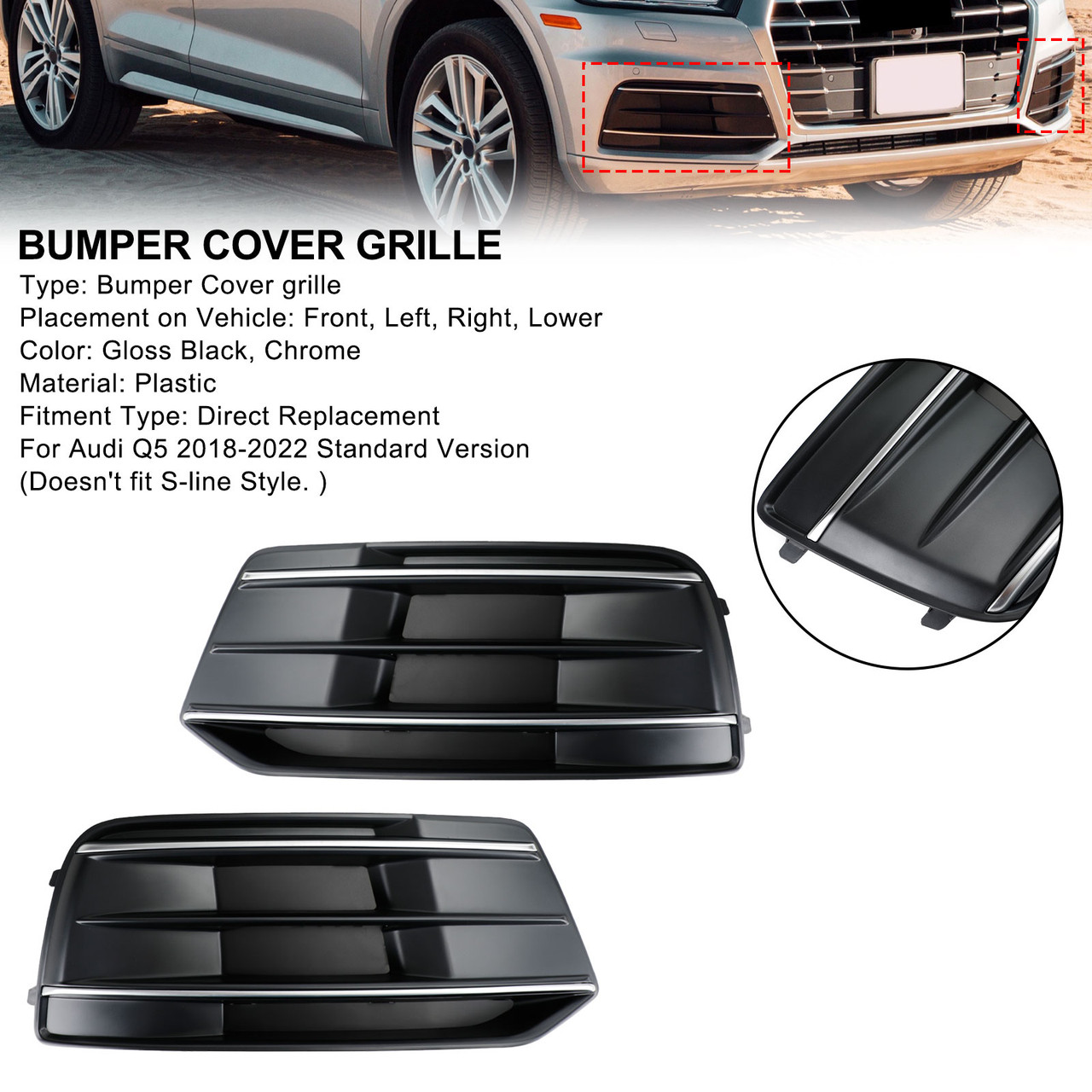 2PCS 18-22 Audi Q5 Front Bumper Cover Grille Bezel Insert