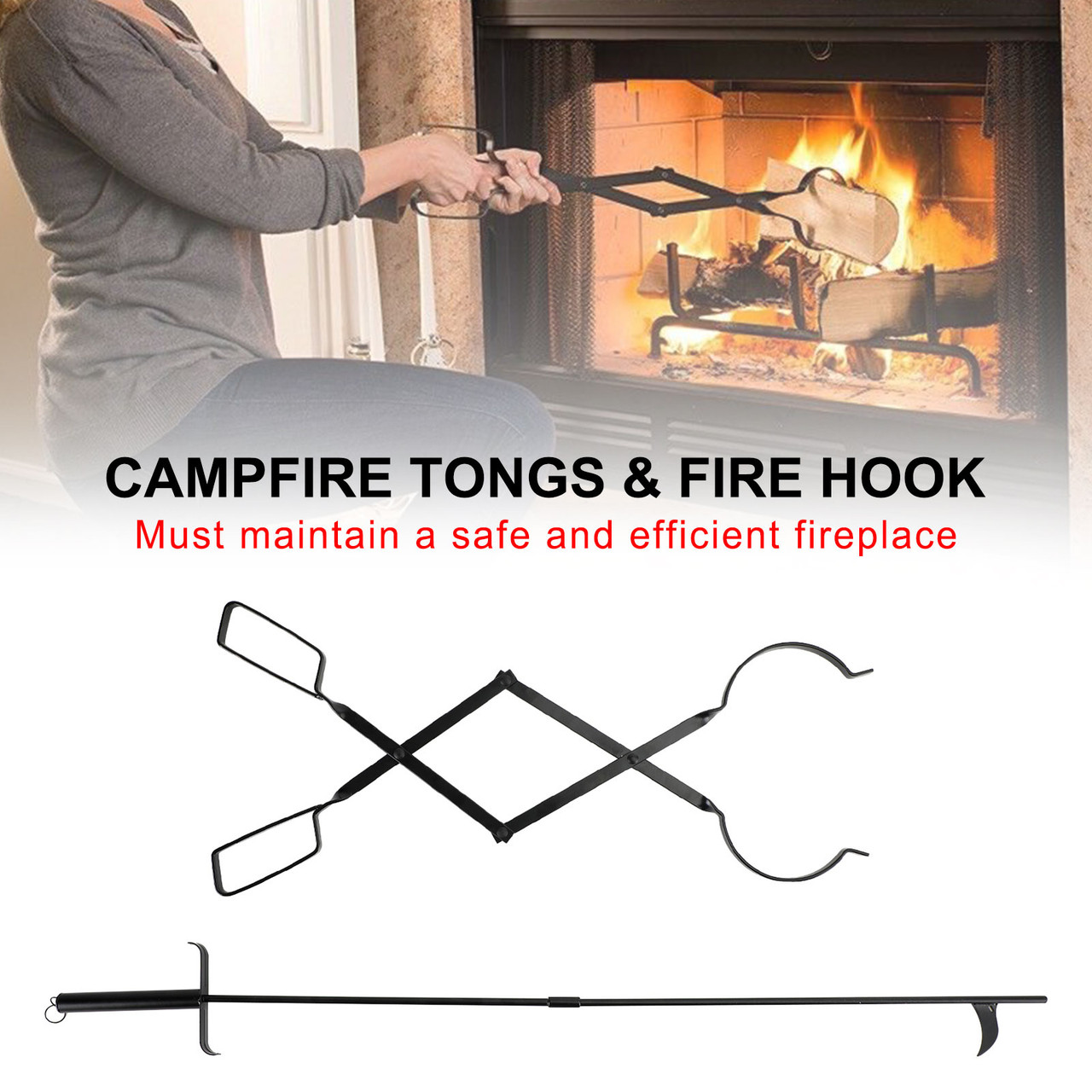 2PC Hearth Tool Fireplace Set Fire Tools Set Campfire Tongs Fire hook Black