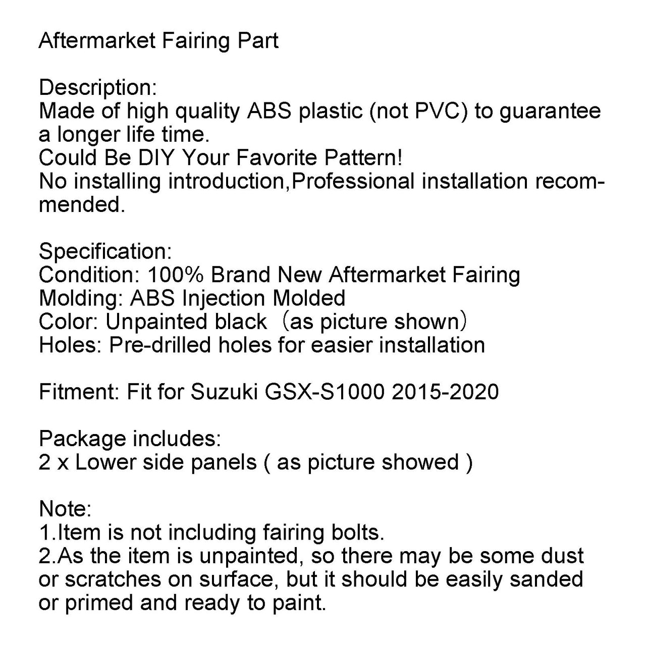 Unpainted Front Lower side panels Fairing For Suzuki GSX-S 1000 2015-2020
