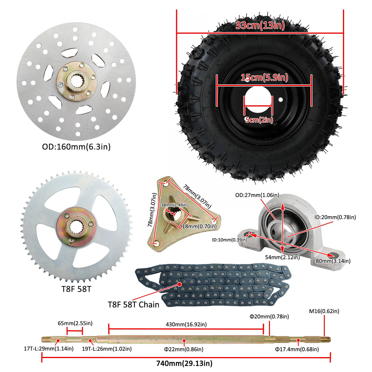 29" Rear Axle Assembly Complete Wheel Hub Kit for Go Kart Quad Trike Drift Bikes