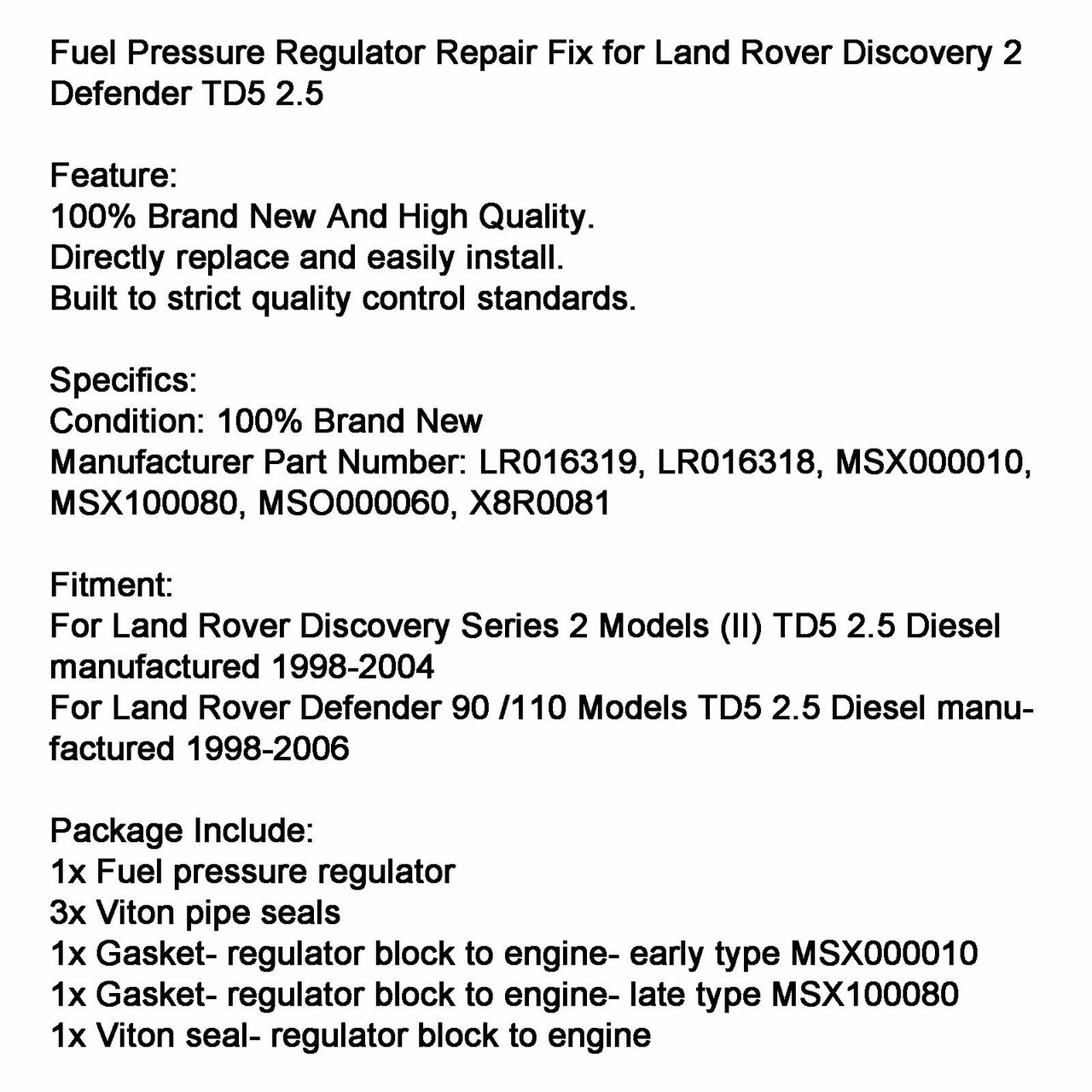 Fuel Pressure Regulator Repair Fix for Land Rover Discovery 2 Defender TD5 2.5