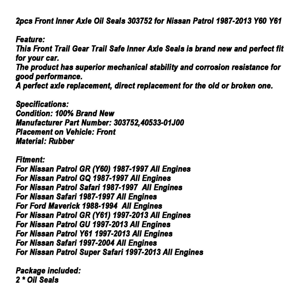 2pcs Front Inner Axle Oil Seals 303752 for Nissan Patrol 1987-2013 Y60 Y61
