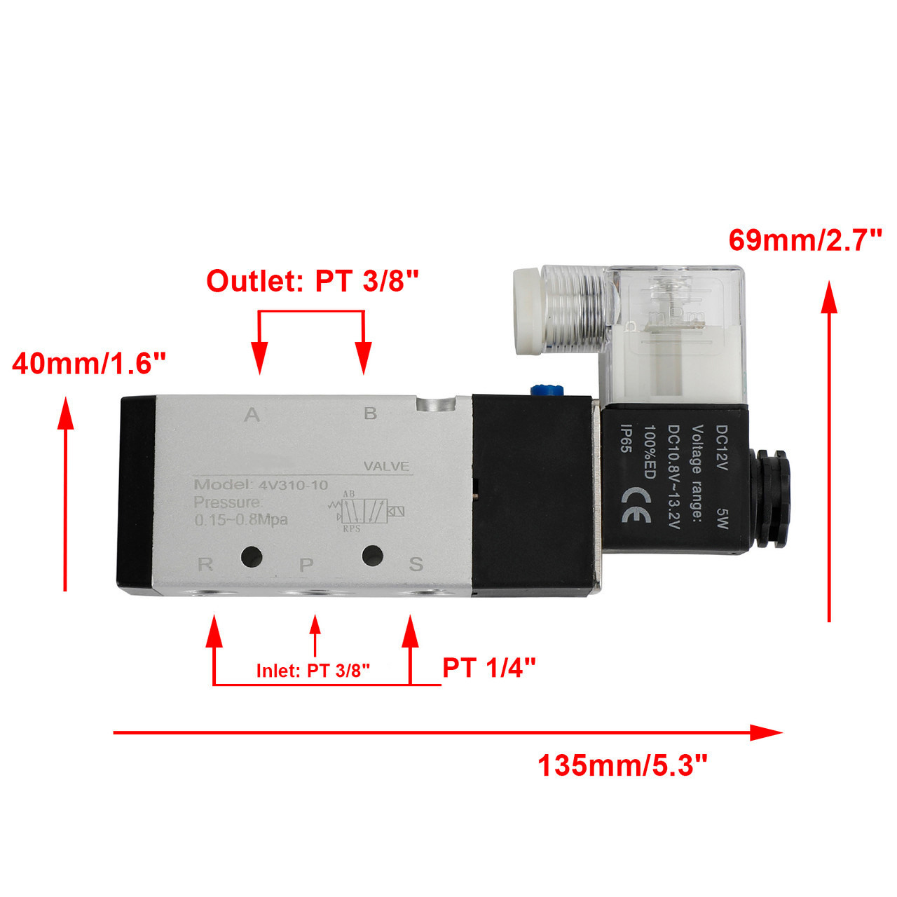 4V310-10 5 Way 2 Position PT3/8" DC 12V Pneumatic Electric Solenoid Air Valve