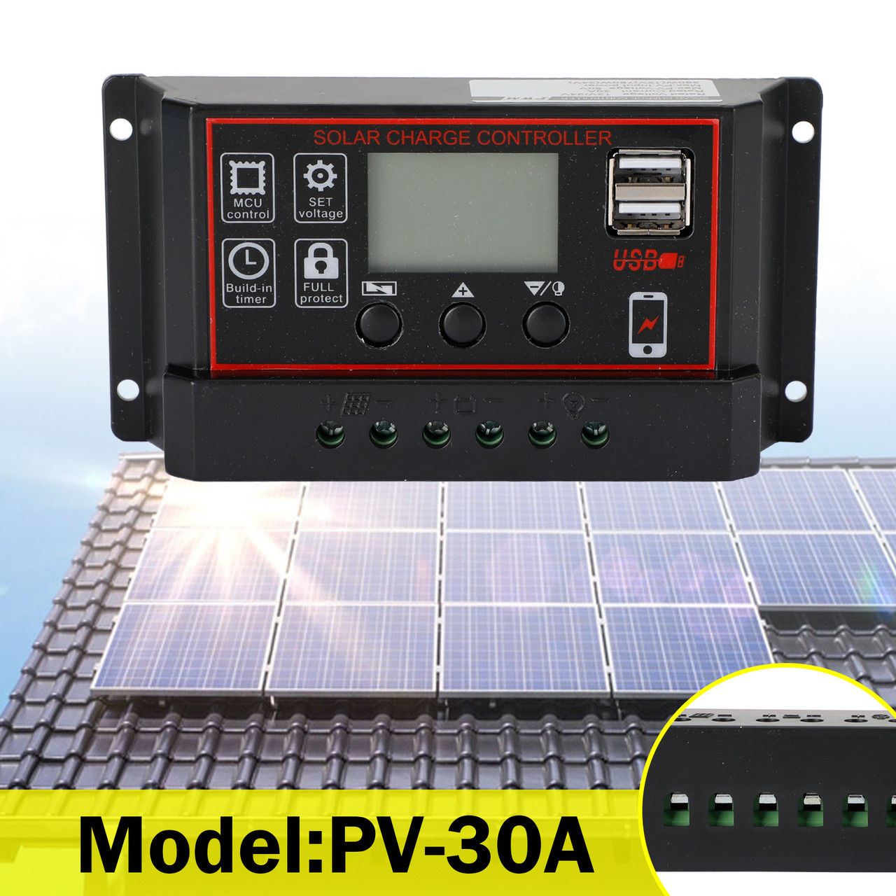 30A Solar Panel Battery Regulator Charge Controller PWM LCD Dual USB 12V/24V