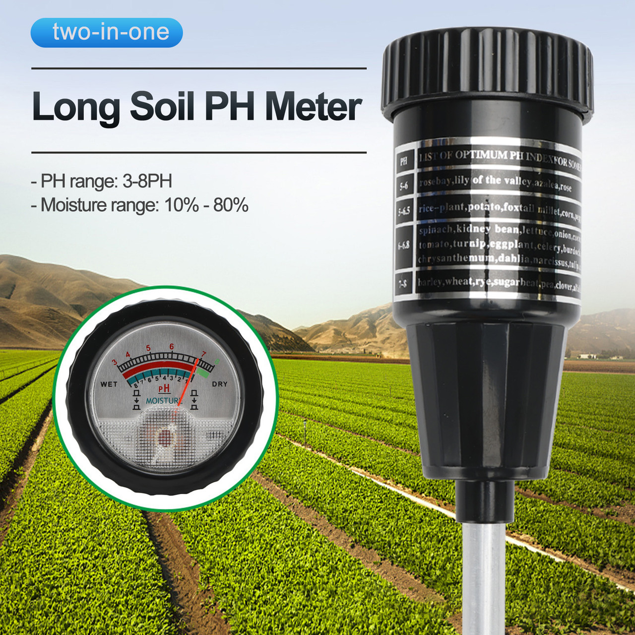 Handheld Soil PH Tester PH & Moisture Meter With 295mm Long Metal Probe