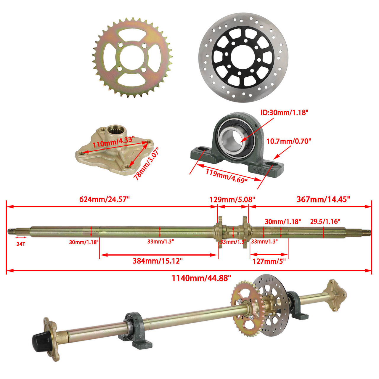 44.8" ATV Quad Go Kart Rear Live Axle Kit Sprocket Brake Wheel Hub Brake Assembly