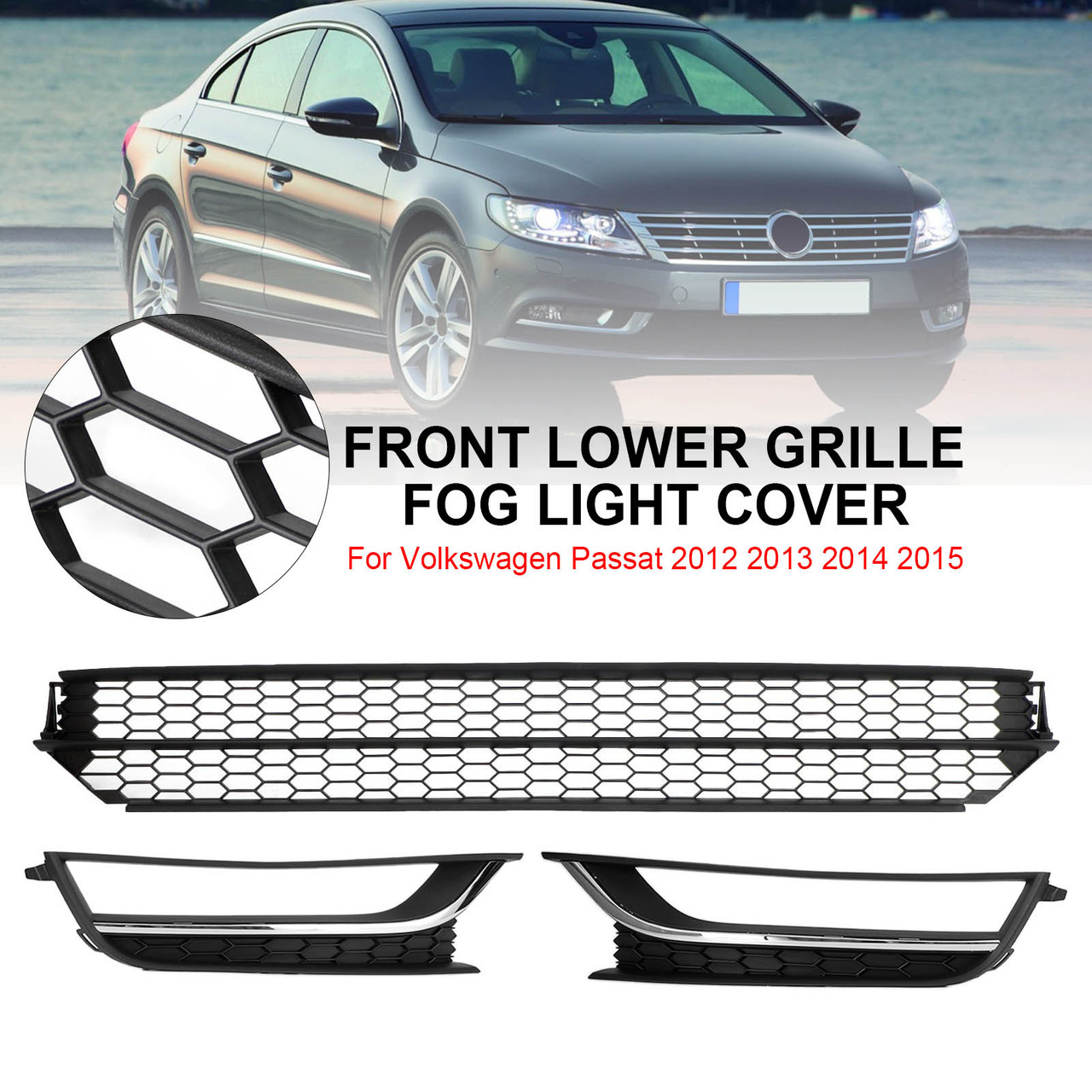 12-15 Volkswagen Passat Front Lower Grille Grill Fog Light Cover Black & Chrome