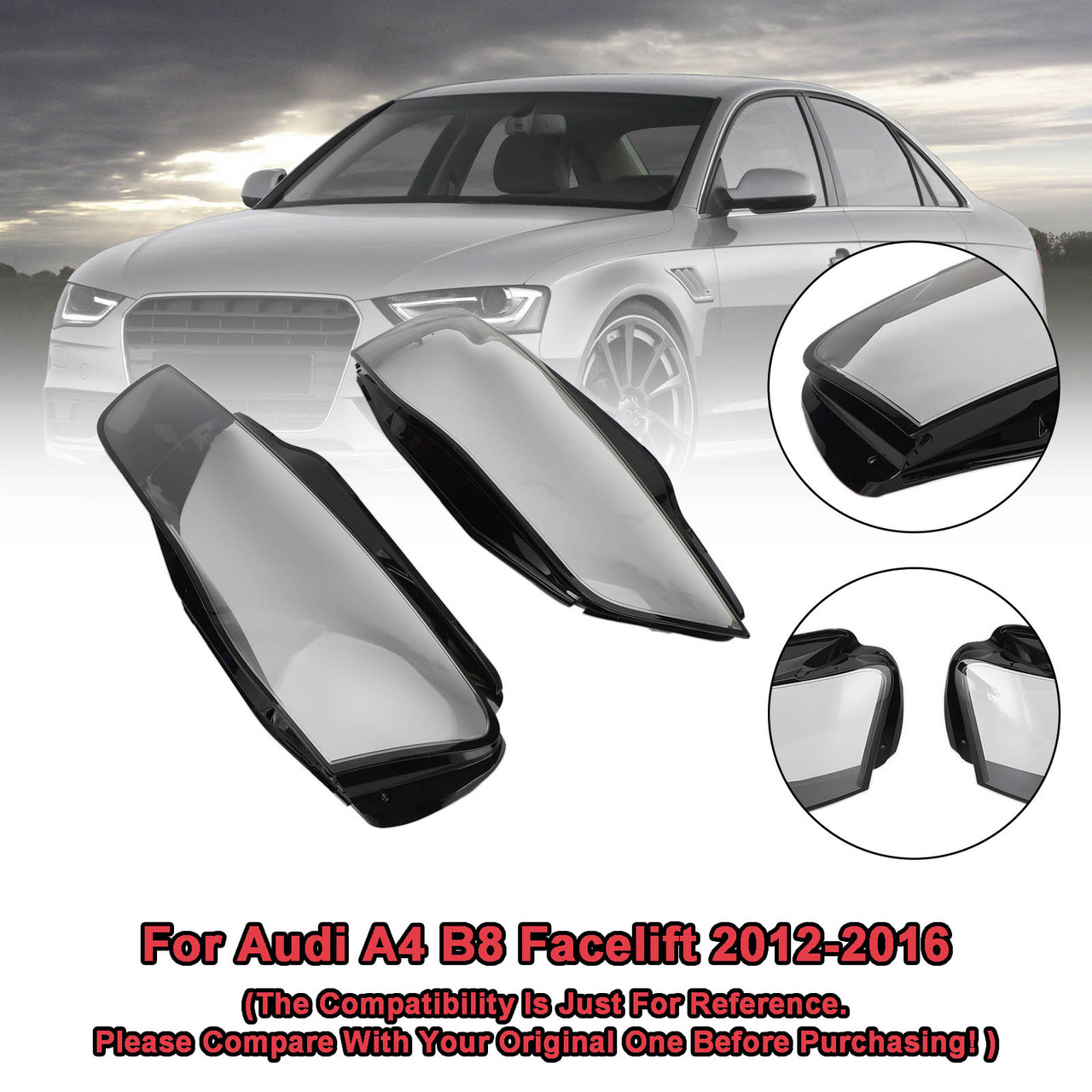 Left+Right 12-16 Audi A4 B8 Facelift Headlight Lens Plastic Cover Shell 8K0941043+8K0941044