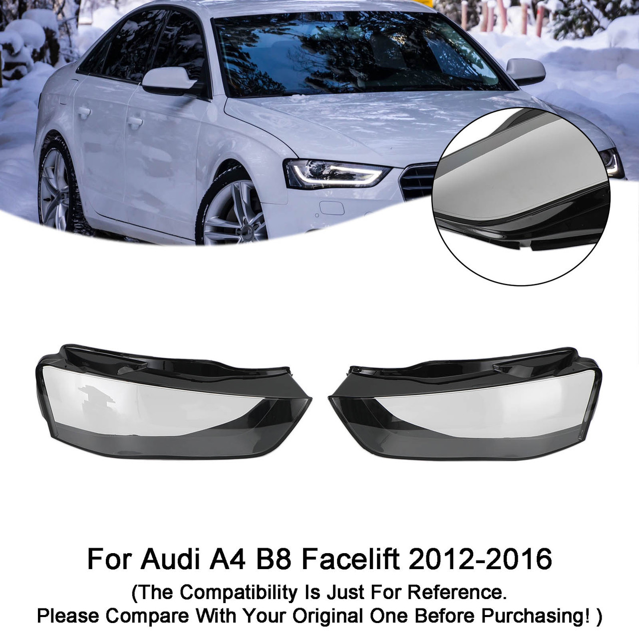 Left+Right 12-16 Audi A4 B8 Facelift Headlight Lens Plastic Cover Shell 8K0941043+8K0941044