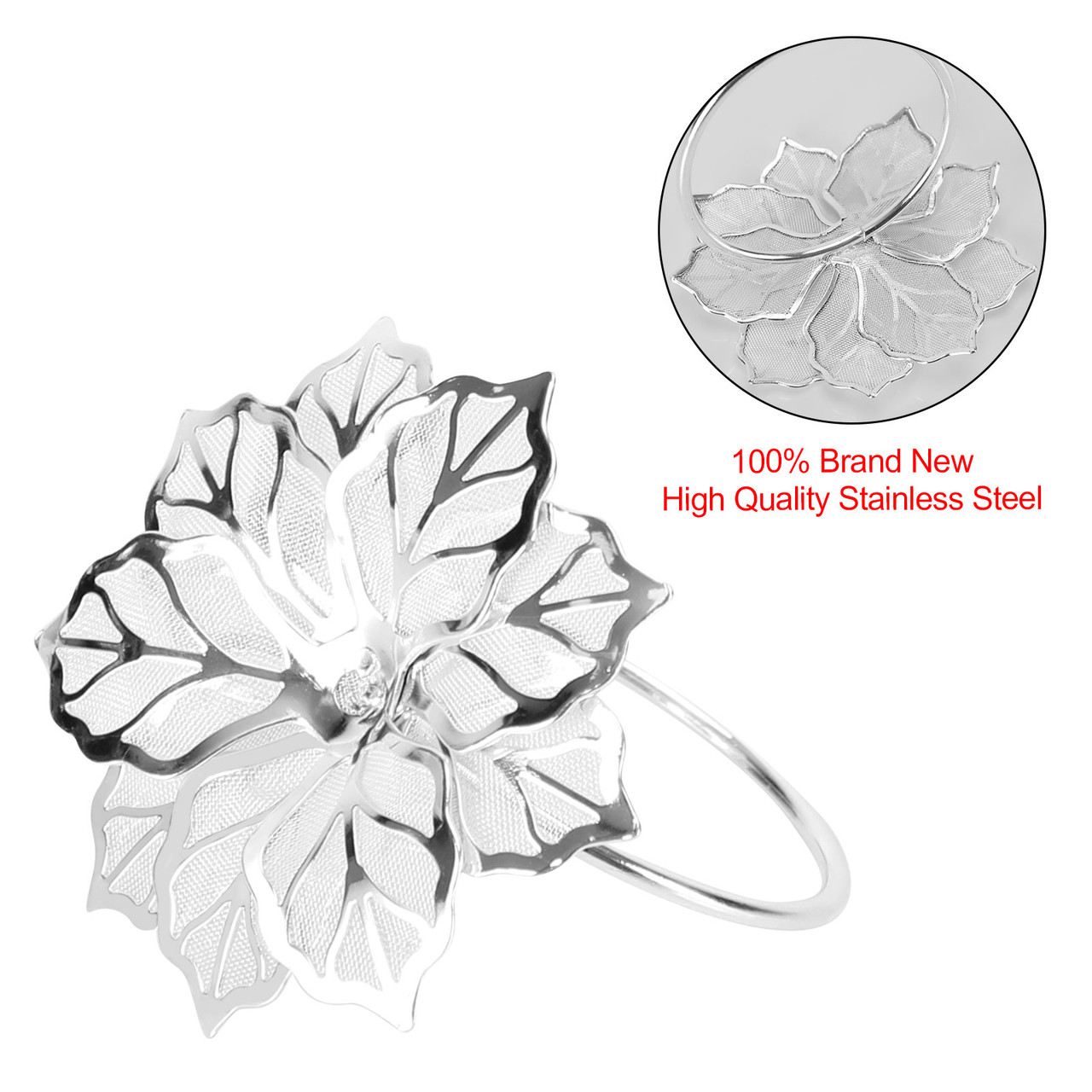 12PCS Napkin Rings w/ Hollow Out Flower Napkin Holder Adornmen Stainless Steel