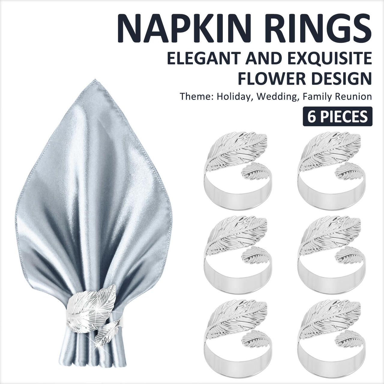 6PCS Silver Napkin Rings Leaf Napkin Holder Adornmen Alloy