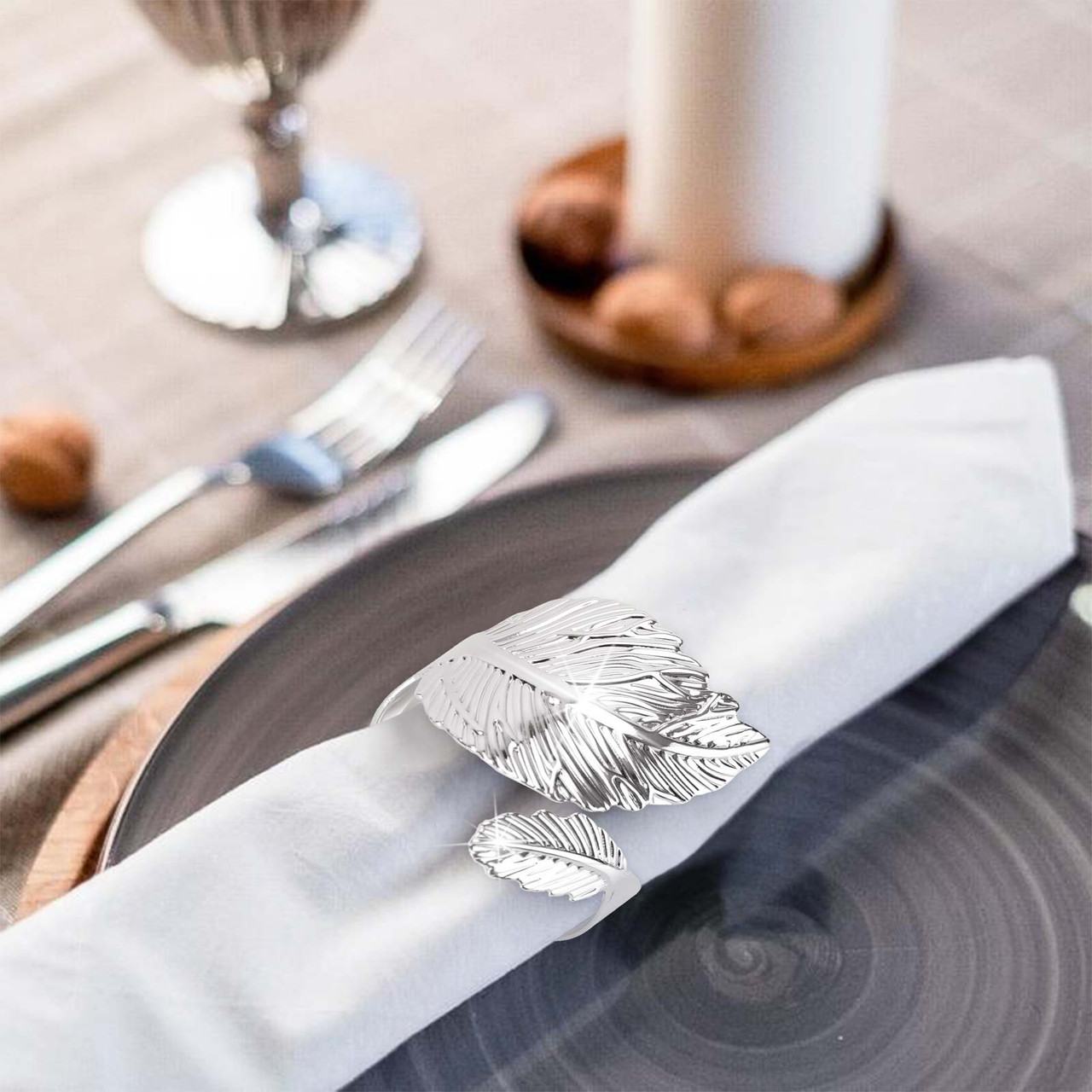 12PCS Silver Napkin Rings Leaf Napkin Holder Adornmen Alloy