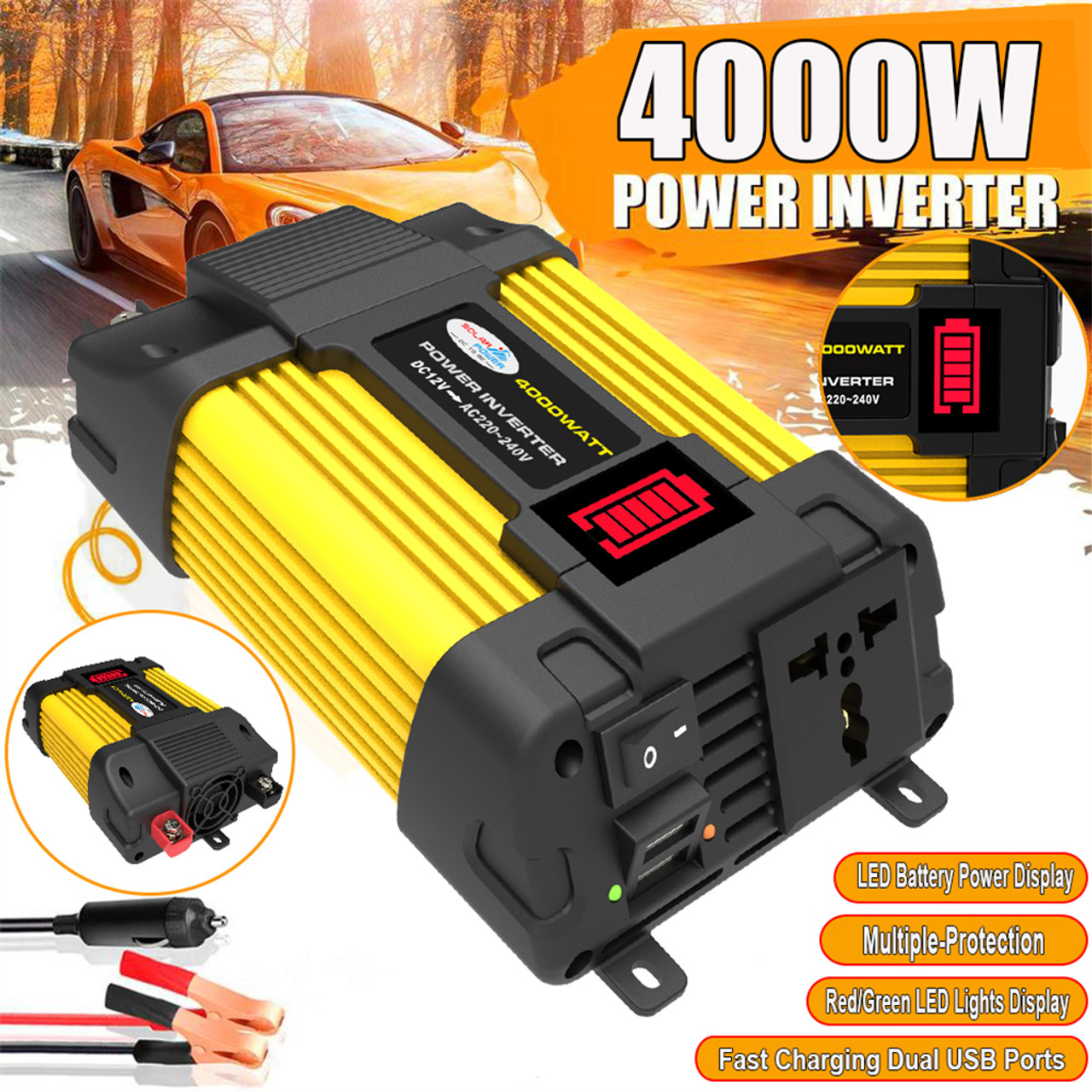 4000W Pure Sine Wave Inverter 12V 220V w LED Display Car Inverter Plug Adapter