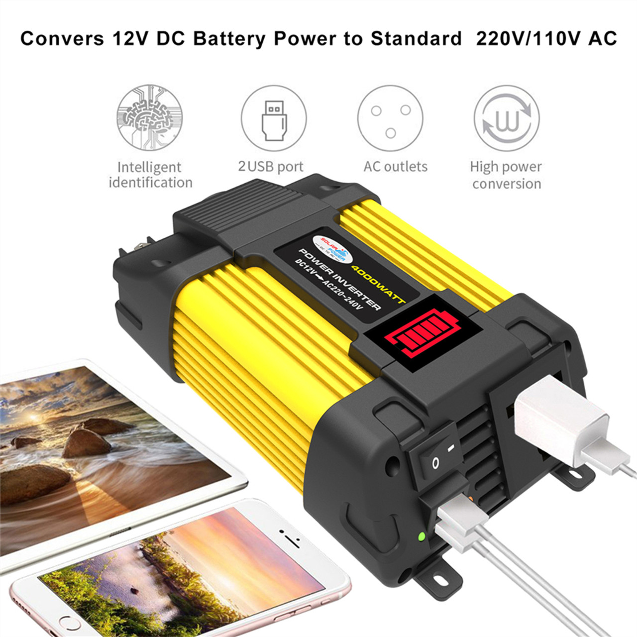 4000W Pure Sine Wave Inverter 12V 220V w LED Display Car Inverter Plug Adapter