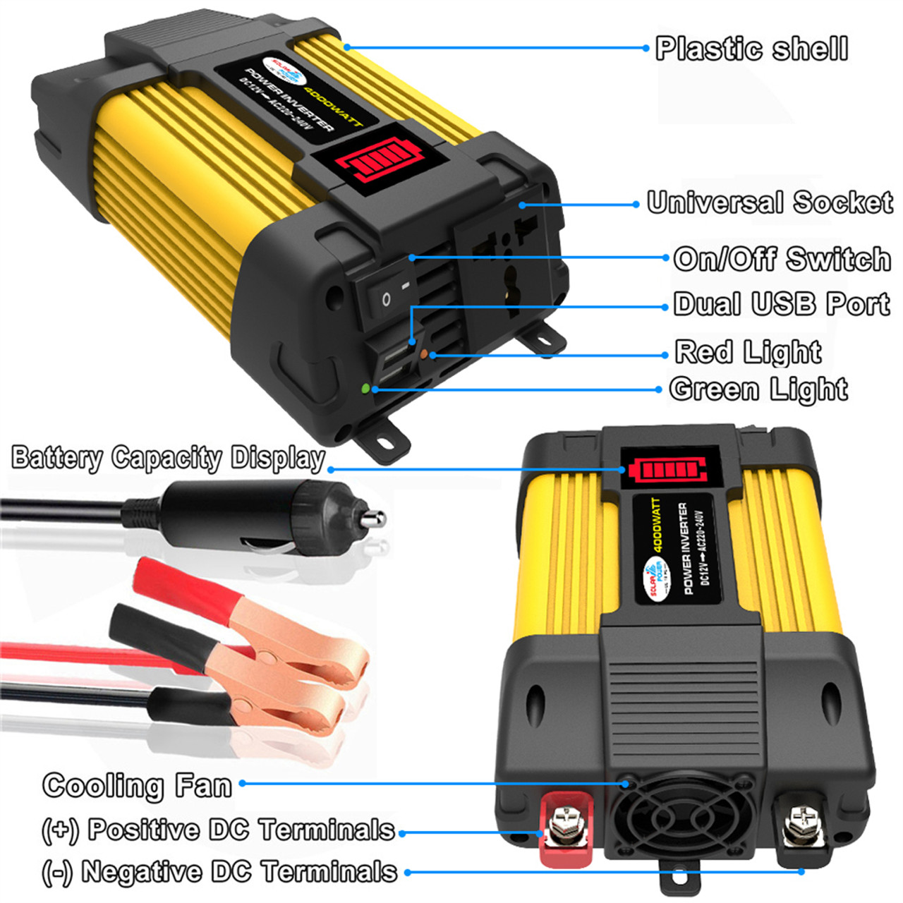 4000W Pure Sine Wave Inverter 12V 220V w LED Display Car Inverter Plug Adapter