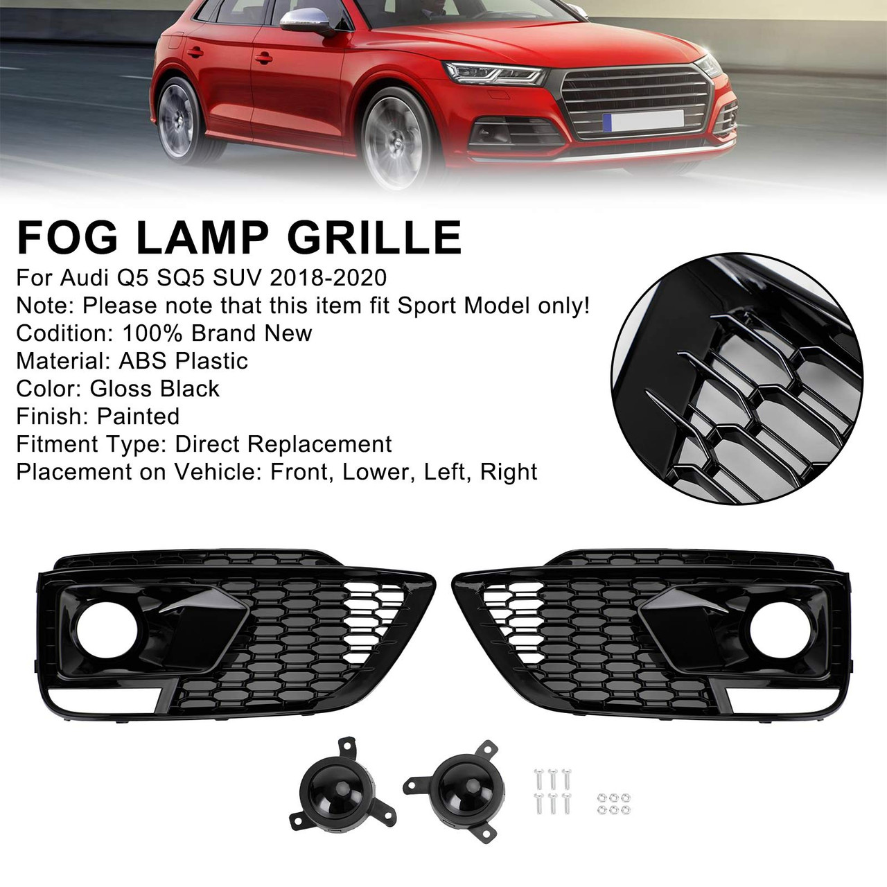 18-20 Audi Q5 SQ5 RSQ5 Black Front Honeycomb Fog Lamp Grilles